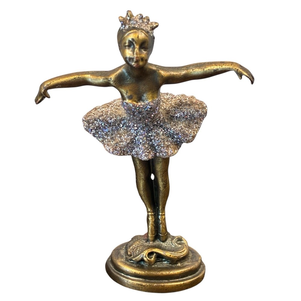 Vintage Ballerina Glitter Figurine Cast Metal Brass Tone Finish Ballet Dancer